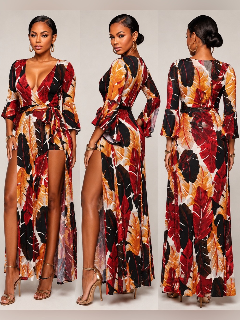 GIBIU Women’s Medium Tropical Leaf Romper Dress Maxi Overlay Bell Sleeve